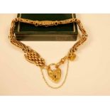 A 9ct gold gate link chain bracelet with heart shaped clasp, 19.5cm, 27.3g