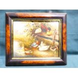 Manner of Edgar Hunt, a small oil on board depicting Poultry by a Pond, 19cm by 24cm
