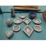 11 Items of Wedgwood, Blue Jasper ornaments including pin trays, egg, vase and bowl