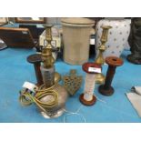 Pair of Brass candle sticks, three Bobbins, Trivets and Brass table lamp base