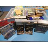 A Large box of Railway Books, DVD's with a Pair of Cast and enamelled bookends depicting Sailing