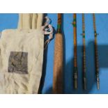 A Hardy Brothers Palakona four piece split can Fly Fishing Rod with canvas bag and alloy tube.