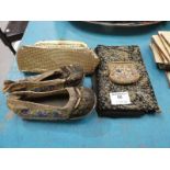 Gilt chain mail clutch bag, One other Tapestry purse and a pair of Chinese shoes