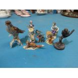 Six Ceramic Birds inc Goobel Thrush, Fox and a pair of Sitzendorf Figues