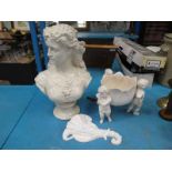 Creamware female Bust, Jardiniere supported by three Putti and wall pockets