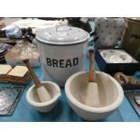 Large Enamel circular bread bin with cover, large and small Pestle & Motar