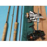 A Two piece Powell Arjon split cane Fly Rod, Another 2 piece Rod, Two fabric bags and two spinning