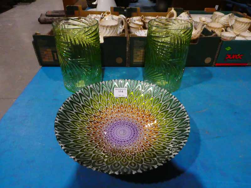 Peacock design Bowl and a pair of Fern relief green glass Vases