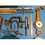 Wall Barometer, 5 Various Thermometers, Drill Brace, Curling Tongs, Ruler and Carpenters marking