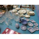 Seven items of Heavy cut glass crystal ware and eleven items of Wedgwood blue Jasper Ware
