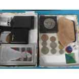 Two trays of Coins, Cigarette Lighters, Small Crystal etc