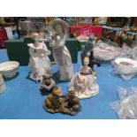 Royal Doulton HN3742 Gillian, Nao Girl with Puppies, seated figure and three resin Birds/Animals