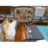 A Tapestry pole screen, mixed Textiles, Wool Bag and 2 ledgers