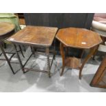 An octagonal walnut Window Table and an oak twist leg square top Table