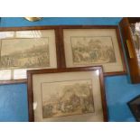 A set of three oak framed Thomas Rowlandson 19th century coloured Horse Racing Prints, The Start,