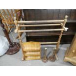 A pine towel Stand, a pair of twist wood Candlesticks and a pine Spice Rack