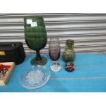 Six items of coloured Glass inc two Caithness desk weights, water set, large Vase, Plate and Vase