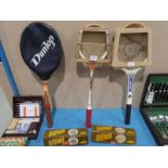 2 vintage Tennis Racquets, Squash Racquet and 2 boxes of Tennis Balls