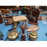Twelve items of miscellaneous including small Furniture, brass, puppets, walking cane etc