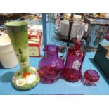 A Cranberry Glass Decanter, Jug and Salt and Long Neck Green Glass Vase