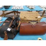 Small Wicker Hamper, Doctors style Leather Bag, Holdall and Jewellery Box