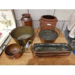Glazed storage Jar, Pottery Crock, two brass Jam Pans, two copper Planters