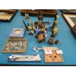 Eight ceramic Birds, Coasters, Bottle Opener and a Figure of Lord Nelson, Chinese Ink Blocks,