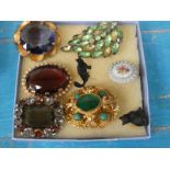 Six vintage costume Brooches, Black Cat Pin and Black Cat Charm