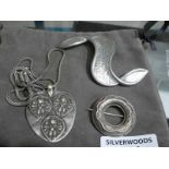 Danish Pewter Necklace stamped 80 and two metal Brooches