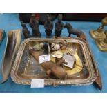 Mixed curios inc terracotta Chinese Army Figures, Tray, Shuttle Barrel Tap etc