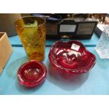 Two pieces of Whitefriars Ruby glass, one Stevens and Williams Style Crackle Glass Vase in Amber, 8'