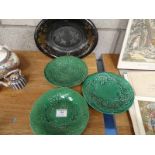 Toleware Dish and three Majolica Leaf Plates