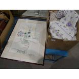 A box of mixed Table Linen and a 1958 Picasso Print