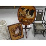 G. Cunliffe a tilt top Table decorated with Sheepdog and Sheep and Owl on Board