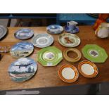 Two Clarice Cliff Saucers, Copenhagen Plate and Jug, 4 RAF plates flower ring and 3 misc plates