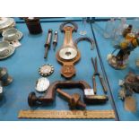 Twelve items inc old tools, Barometer, Horseshoes and Boiler Thermometer