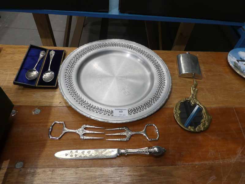 A decorative steel tray, hip flask, brass art nouveau hand mirror, pair of Bread Forks, Cake