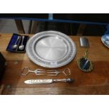 A decorative steel tray, hip flask, brass art nouveau hand mirror, pair of Bread Forks, Cake