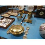 A pair of brass oil lamps, Horse Brasses, Companion set, Bed Warming Pan and Vase