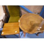 A tree trunk slice Magazine Table, small teak Coffee Table and Green Velour Chair