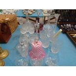 Twenty-nine items of Glass inc Ruby Claret Flask, Lead Crystal, Nailsea Strawberry and Cream Bell