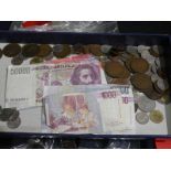 A tray of mixed GB and foreign Coins an Banknotes
