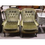 A pair of Gren Velvet Button Back Easy Chairs