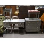 Four items of grey painted Bedroom Furniture, Dressing Table, Chest of 4 Drawers, Dressing Stool and