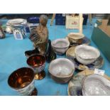 Ten items of Maltby Style Studio Pottery, two copper Lustre Goblets and silvered Jug