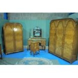 A mid 20th century burr walnut Bedroom Suit by Harrods of London, including Night stand, dressing