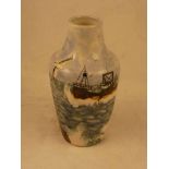 A Cobridge stoneware bottle vase in the Cantona pattern with seagulls following a fishing trawler,