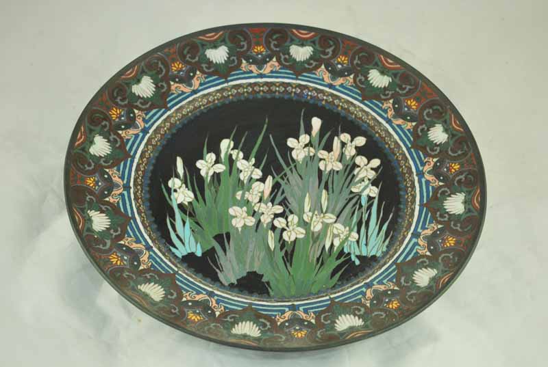 A Meiji period polychrome cloisonné Charger decorated with Iris and Lotus multiborder, 30.5