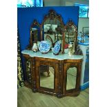 A Victorian walnut marble top Chiffonier with triple mirror and three door mirrored base 137cm wide