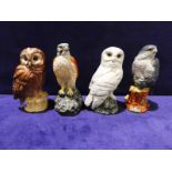 Four Peter Thompson Beneagles Whisky Decanters; Peregrine Falcon, Kestrel, Snowy Owl and Tawny Owl,